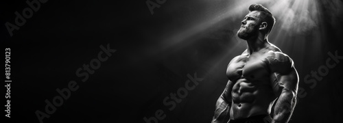 Bodybuilding fitness banner with muscular bodybuilder flexing muscles posing on black background