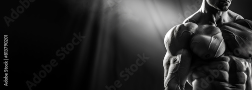 Bodybuilding fitness banner with muscular bodybuilder flexing muscles posing on black background