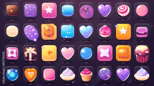 Icon and button modern cartoon design set for UI game interface with candy match. Illustration of glossy menu kit for mobile puzzle game. Food and chocolate 2d frame assets template with loading