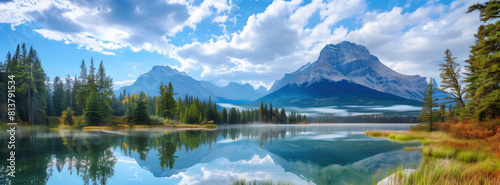 Fictional Canadian landscape with mountains, lake and forest