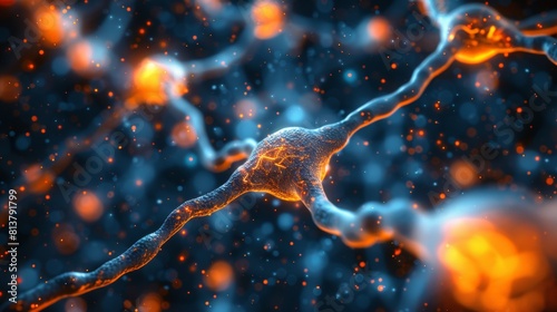 A close up of a neuron cell with orange and blue lights, AI