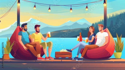 A few friends or family members sit on a wooden terrace near a lake, forest, and mountains, talking, drinking beverages and eating popcorn. Cartoon young adults sit on beanbag chairs on the patio,