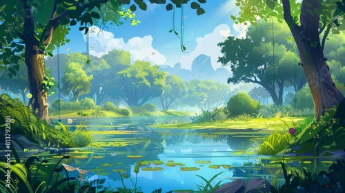 Landscape design for a forest swamp scene for a fantasy game. Beautiful nature park scene in a lush summer jungle setting. Deciduous wetlands and waterfalls.