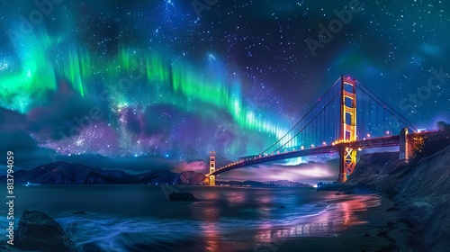 10h Capture the iconic Golden Gate Bridge at night, beautifully illuminated under the vibrant and colorful Northern Lights. 