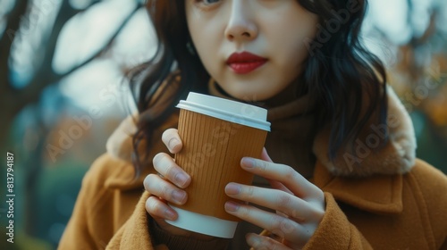 Close-up of the hand of an elegant and beautiful Korean female actor in her 50s picking up a coffee cup