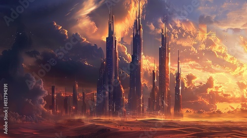 An ancient city skyline with towering skyscrapers against a dramatic sky. 