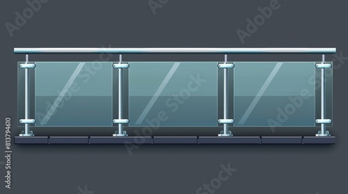 Realistic modern set of horizontal handrail with plexiglass panel and metal tubular beam fasteners for staircase guardrail. Transparent acrylic barrier for balcony or terrace fence.
