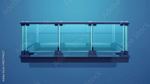 A transparent acrylic barrier covers the glass banister for a balcony or terrace fence. A realistic modern set of horizontal handrails with plexiglass panels and metal tubular beam fasteners for