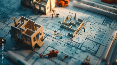 Background of blueprints and architectural drawings with a miniature construction site and small people working on it. 