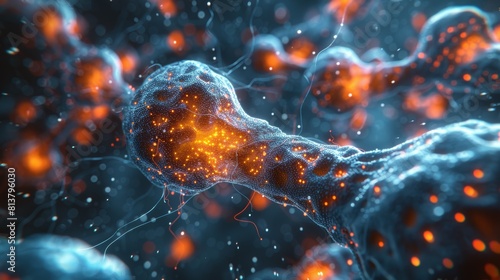 A close up of a cell with glowing orange dots, AI
