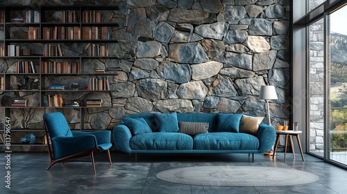 Blue armchair and sofa, book shelf against grey stone cladding wall. Loft interior design of modern living room, home. 