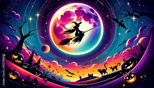 Modern Halloween featuring a vibrant and colorful full moon with a witch silhouette flying dynamically on her broom with black cats, owls, and bats, all set against a vividly colored landscape.