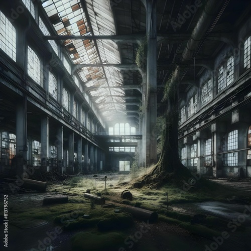 Atmospheric, abandoned factory, overtaken by nature, urban exploration photography