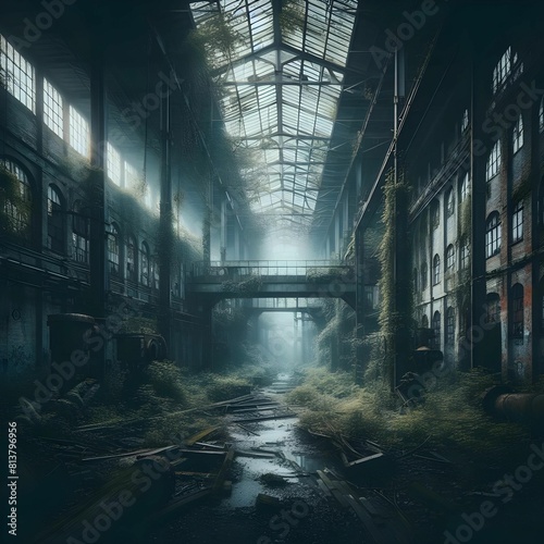 Atmospheric, abandoned factory, overtaken by nature, urban exploration photography