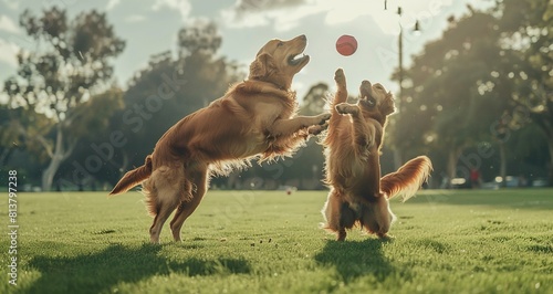 Two golden retrievers playing with a ball in the park.