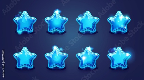 Game icon modern set with a blue star shape. Glossy badge medal for score or reward gui interfaces. Magic rate collection for reviews and feedbacks. Different bright shiny XP symbol for each level.