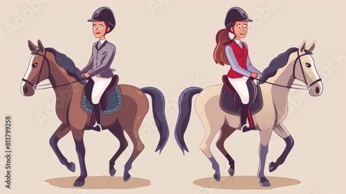 Riders in helmets and uniforms riding horses with bridles. Cartoon modern illustration of equestrian school and racehorse sport set with jockeys in equipment and riding horses in saddles with