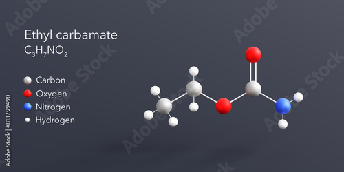 ethyl carbamate molecule 3d rendering, flat molecular structure with chemical formula and atoms color coding