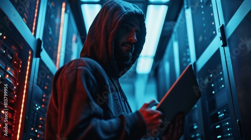 Taking a low angle close-up of a computer hacker holding a laptop. He broke into a corporate data center.