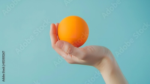 Notion of stress aversion procedure in-depth of an individual's hand holding a lightly-held orange stress ball over a pale blue setting and space, Generative AI.