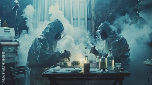 Using canisters and beakers, two clandestine chemists prepare drugs in the abandoned building, mixing toxic chemicals and creating smoke.