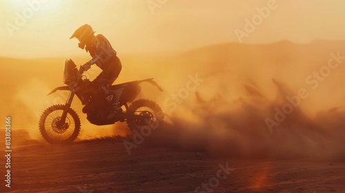 The professional Motocross Motorcycle Rider is driving on the Dune, it's sunset, and the track is covered with smoke, dust, and dirt. The camera is blurred.