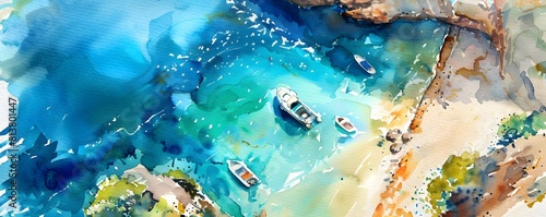 Watercolor banner art of lagoon marine turquoise colors, boats for snorkeling, beach sand. Hand drawn summer illustration for flyers, cards, wallpaper, poster, cover. Vacation. Travel. Ocean. Sea.