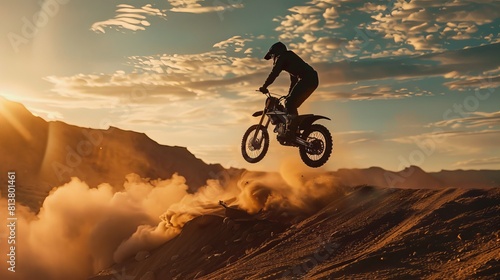 Bike Rider Blasts-off on His FMX Motorcycle Over Sandy Off-Road Track Against Scenic Sunset.