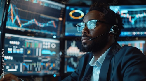 In the Stock Exchange Firm Office, a broker makes phone sales while surrounded by his multi-ethnic stock traders. The graphs and numbers displayed on the screens are relevant to the trades being