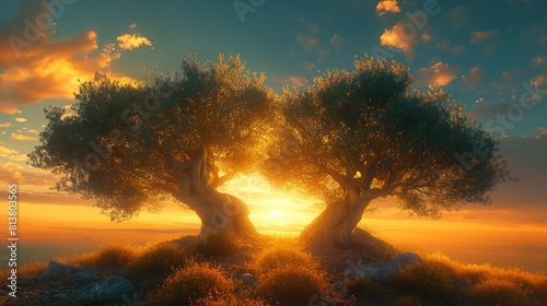 two olive trees with bright sunburst sunlit light, idea for revelation 11, Generative Ai