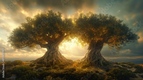 two olive trees with bright sunburst sunlit light, idea for revelation 11, Generative Ai 
