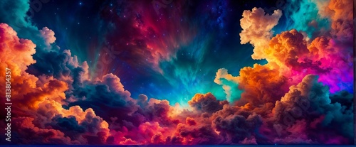Ultra wide angle horizontal shot of fluffy clouds cinematic, colorful aura