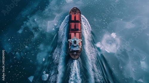 Cargo ship moving through the ocean. Winter landscape in the background.