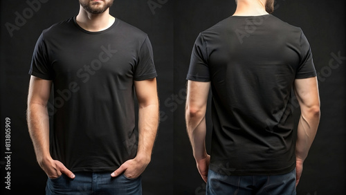 Man in black t shirt on black background. Mockup for design, male model, front view and back view