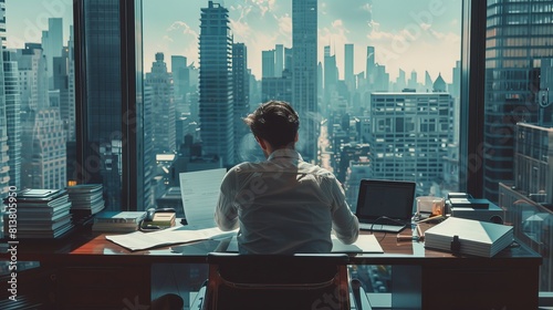 In the window is a view of a big city business district. A successful businessman sits at his desk working with documents, signing documents, and using a laptop.
