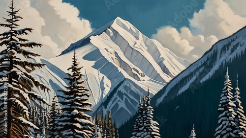 Winter landscape. High mountains with snow, lake, fur trees. 
