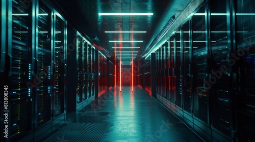 This is a picture of a modern data center containing a row of fully operational servers. It is a representation of modern telecommunications, cloud computing, artificial intelligence, databases, and