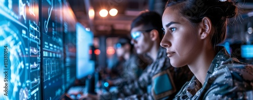 A female soldier looking at a futuristic screen with a male soldier in the background.