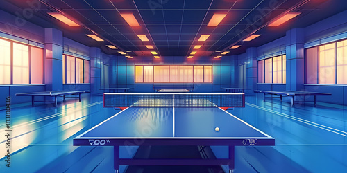 Table tennis venue Table tennis, World Cup table tennis standard table tennis table Illuminated by spotlights, a table tennis scene unfolds against a dark background