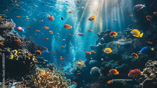Underwater world full of life. Colorful fishes of all shapes and sizes swim among vibrant coral reefs, creating a stunning and mesmerizing scene.
