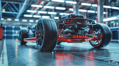 An Authentic electric car platform chassis, including wheels, engine, brakes, and battery. Situated in a state-of-the-art automotive design facility focusing on axles and engines.