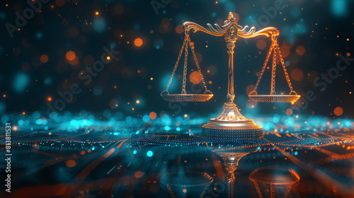 neutral artificial intelligence Scales of Justice in the Digital World Digital scale illustration on futuristic network background. Fairness and equality in ethics