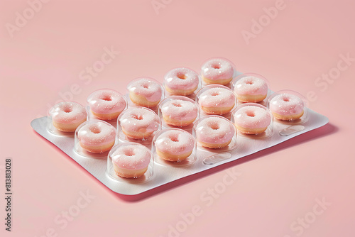  pill tab,blister with small donuts inside it against a pastel pink background. sugar, dopamine, sweet treat, food addiction, eating disorder, doping concept, creative advertising
