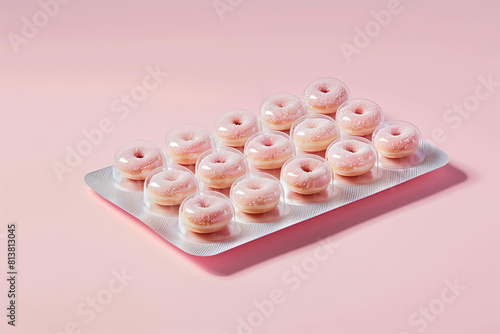  pill tab,blister with small donuts inside it against a pastel pink background. sugar, dopamine, sweet treat, food addiction, eating disorder, doping concept, creative advertising
