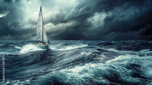 Lone yacht navigating through stormy seas, metaphor for resilient investment strategy amidst market turbulence