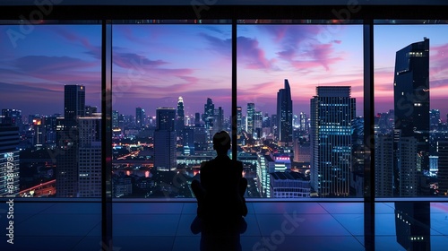 Silhouette of an investor overlooking city skyline at dusk, contemplating investment decisions, future growth visual