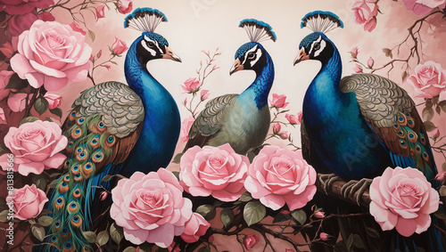 A painting of two peafowl standing in front of a pink rose bush.