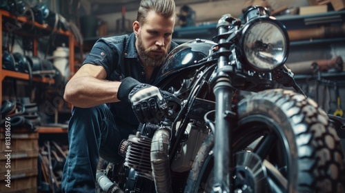 Mechanic is fixing a custom bobber motorcycle wearing work gloves. He is using a ratchet spanner. Creative Workshop Garage.