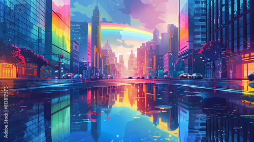 Downtown Rainbow Reflections: A colorful urban tapestry as a brilliant rainbow reflects in puddles on the streets flat design illustration