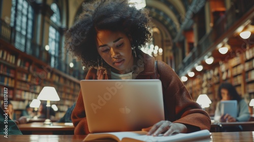 The University Library: A gifted black girl uses the laptop, writes notes for the paper, essays, and studies for assignments. Diverse team of multi-ethnic students are studying, learning for exams,